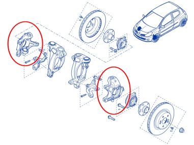 Schema vue eclatee demi-train avant pivot independant Renault Clio 3 RS porte-moyeu